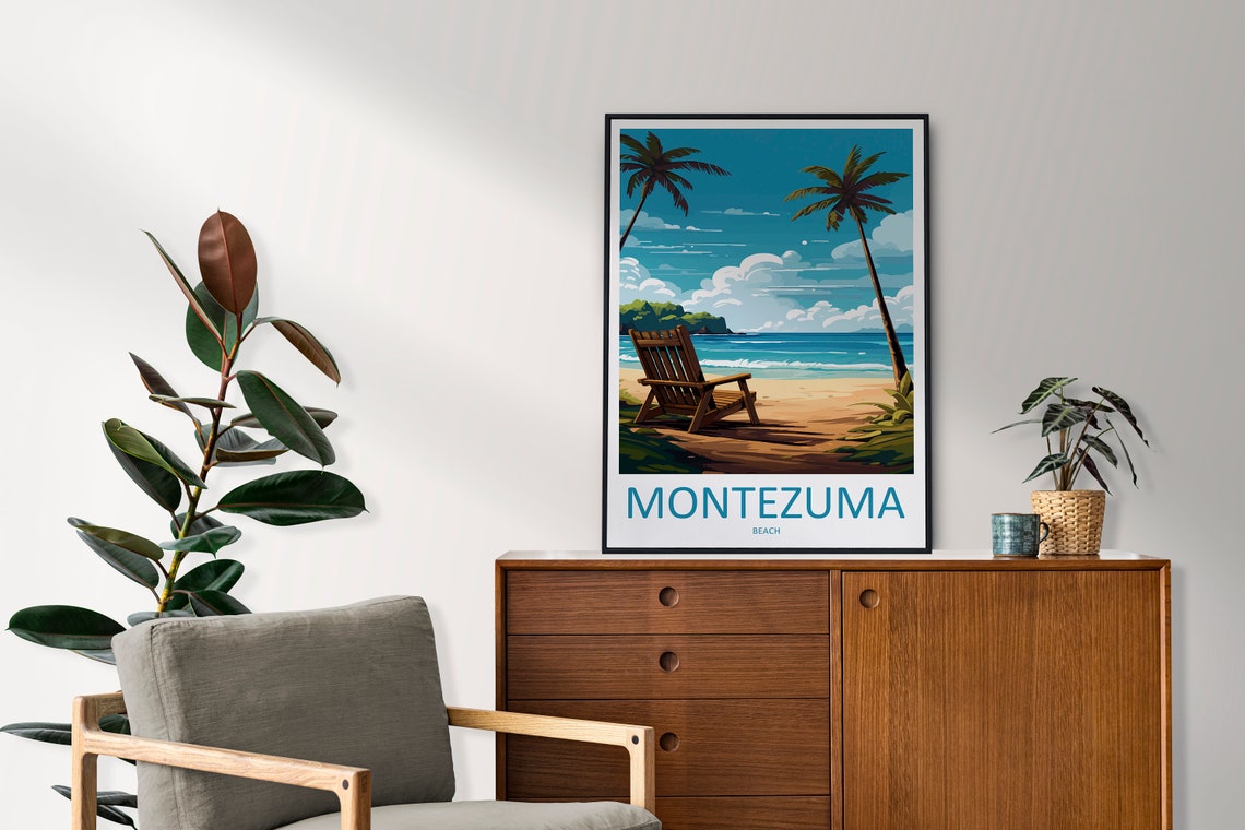 Montezuma Beach Costa Rica Chair Palms Shore Vintage Travel Poster - Image 2
