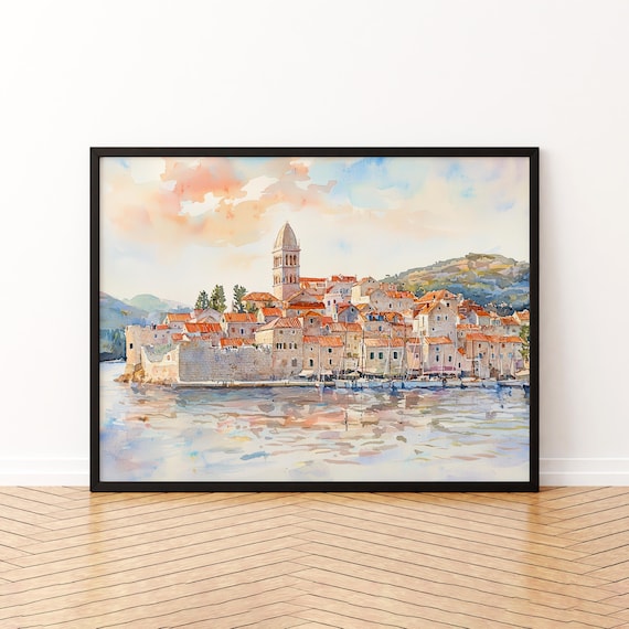 Korcula Croatia Watercolor Poster Walled Old Town Harbor Travel Art