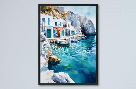 Milos Watercolor Travel Poster, Greek Isle Souvenir