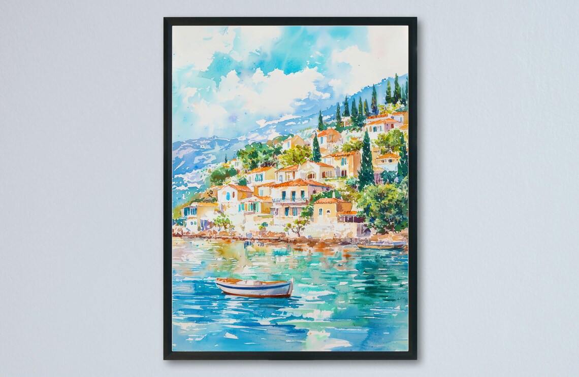 Ithaca Greece Seaside Village Harbor Watercolor Travel Art Poster