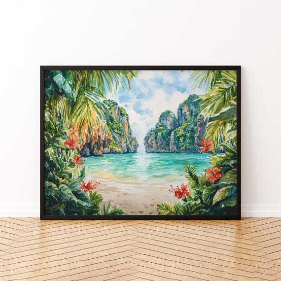 Koh Phi Thailand Watercolor Poster Islands Travel Print Tropical Beach Painting Wall Art Asia Souvenir