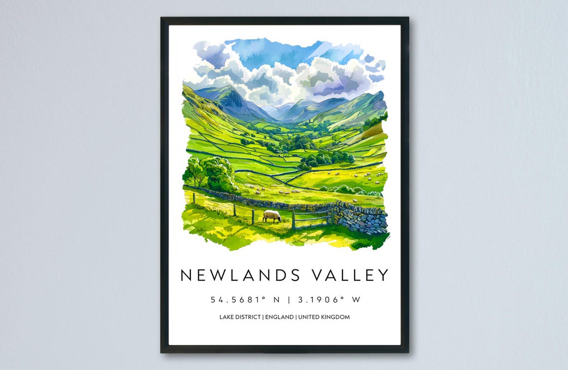 Newlands Valley Lake District Green Fields Sheep Watercolor Poster