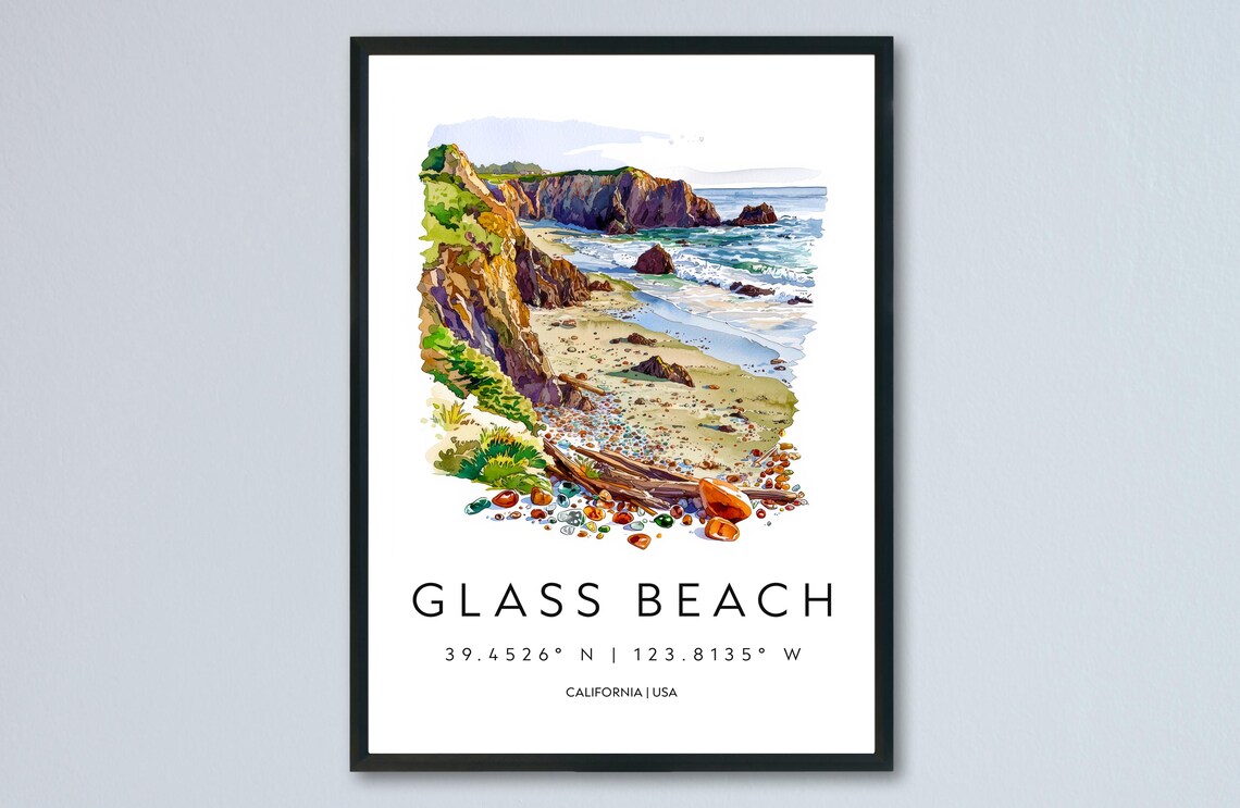 Glass Beach California Sea Glass Cove Watercolor Coast Art Poster