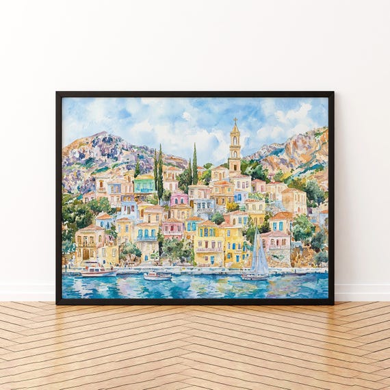 Symi Watercolor Poster Wall Art Hanging Home Dcor Gift Lovers Greece