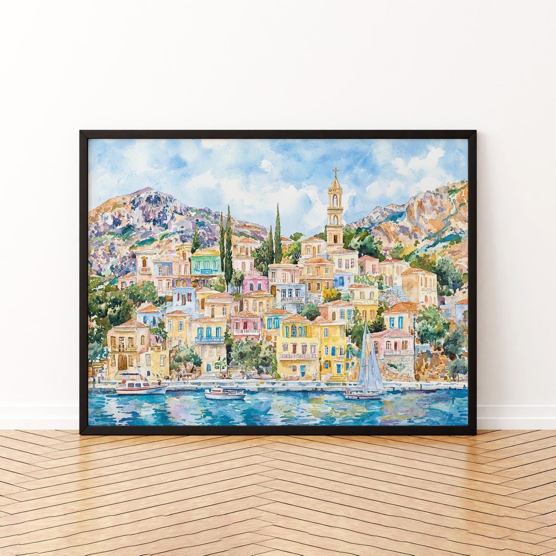 Symi Watercolor Poster Wall Art Hanging Home Dcor Gift Lovers Greece