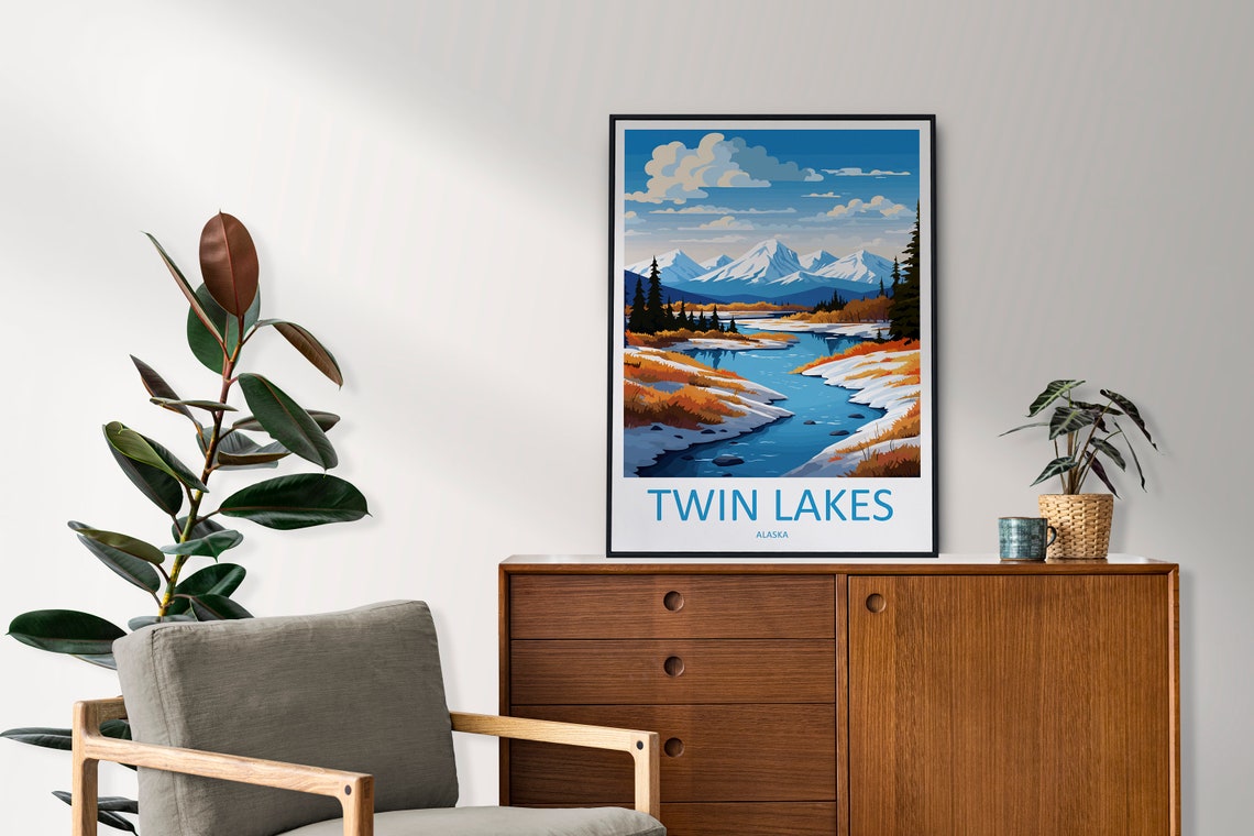 Twin Lakes Alaska Winter Snow Mountain River Landscape Travel Poster - Image 2