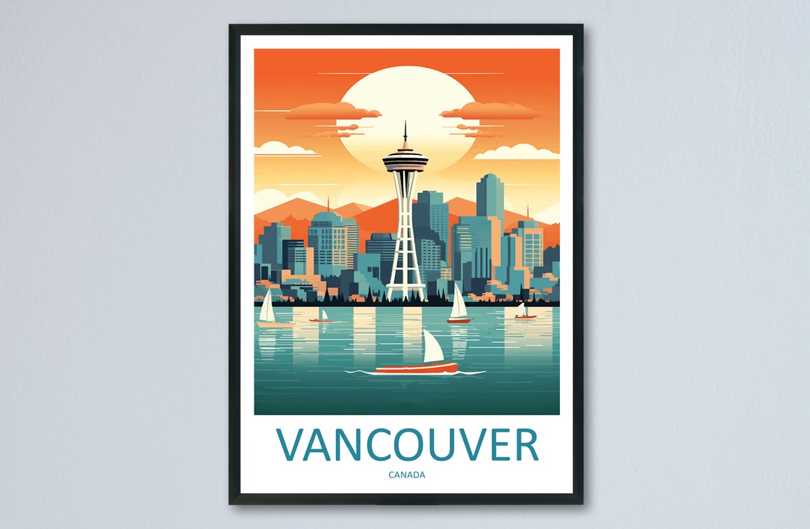 Vancouver Canada Waterfront Poster with Sunset Harbor and Sailboats