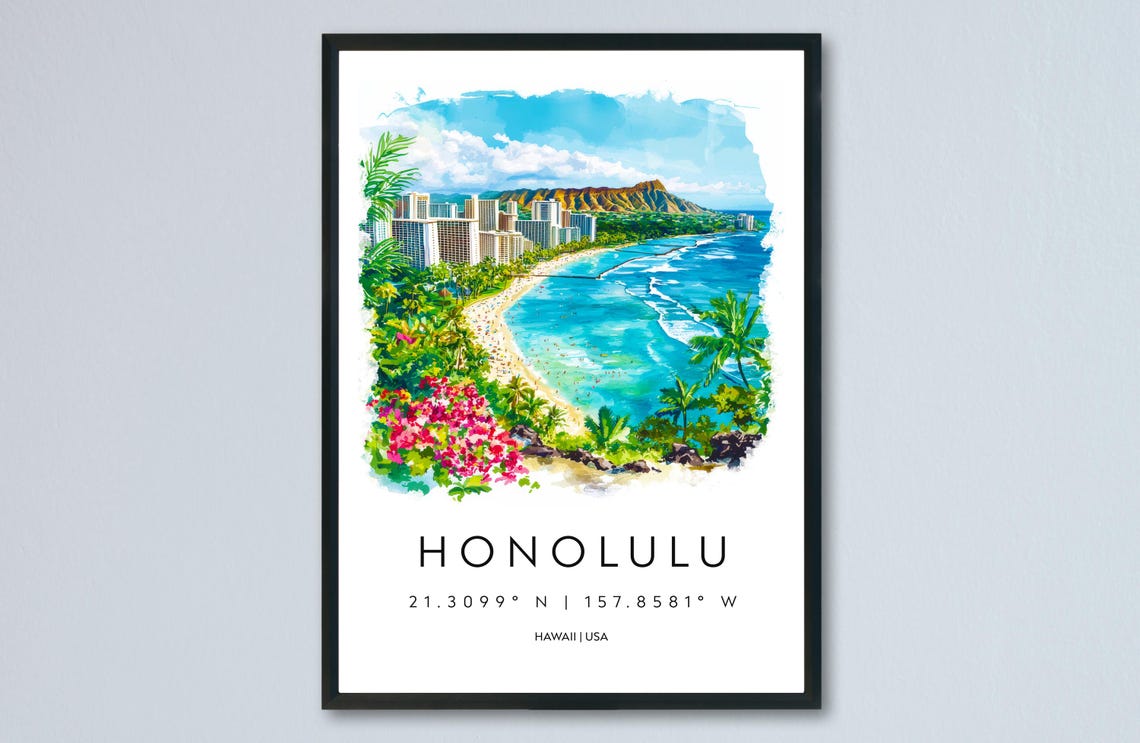 Honolulu Waikiki Beach Diamond Head Hawaii Watercolor Poster