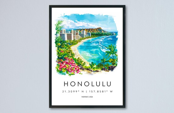 Honolulu Waikiki Beach Diamond Head Hawaii Watercolor Poster