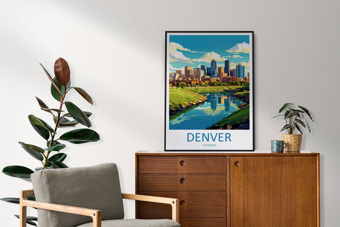 Denver Colorado Downtown Skyline River Reflection Travel Poster - Image 2