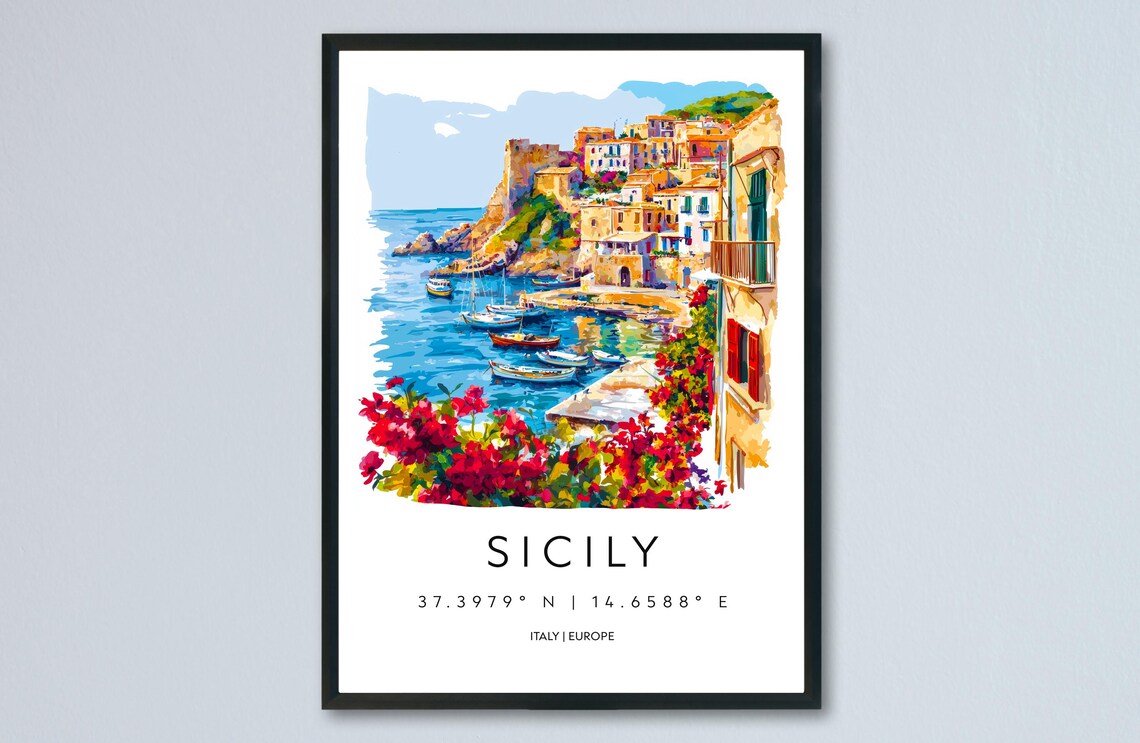 Sicily Italy Coastal Village Bougainvillea Harbor Boats Art Poster