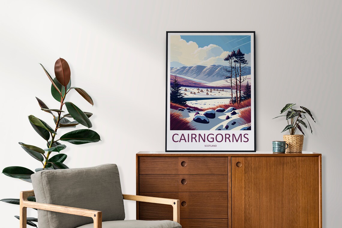 Cairngorms Scotland Snowy Mountain Winter Illustrated Travel Poster - Image 2