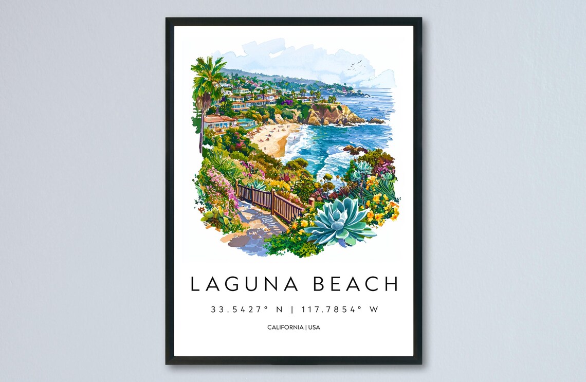 Laguna Beach California Cliffs Garden Watercolor Travel Art Poster