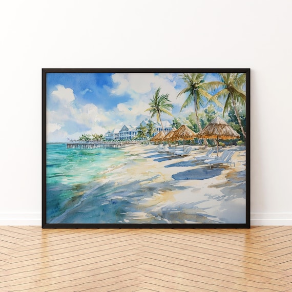 Bahamas Watercolor Travel Poster, Caribbean Coast