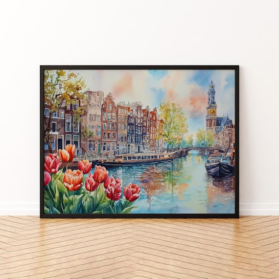Amsterdam Canal with Tulips and Historic Houses Spring Art Poster