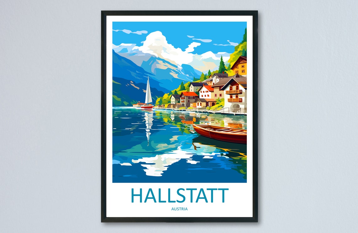 Hallstatt Austria Sailboat Lake View Village Scene Travel Poster