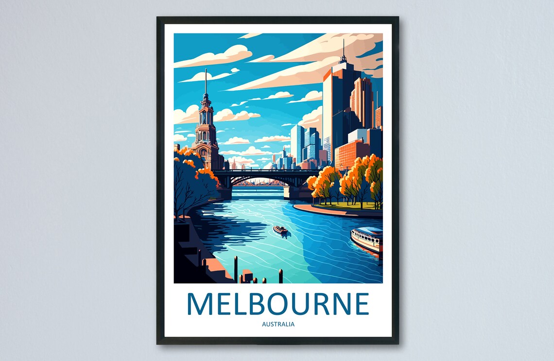 Melbourne Australia Yarra River City Skyline Retro Style Travel Poster