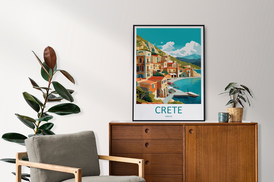 Sunlit Crete Fishing Harbor Village in Greece Coastline Travel Poster - Image 2