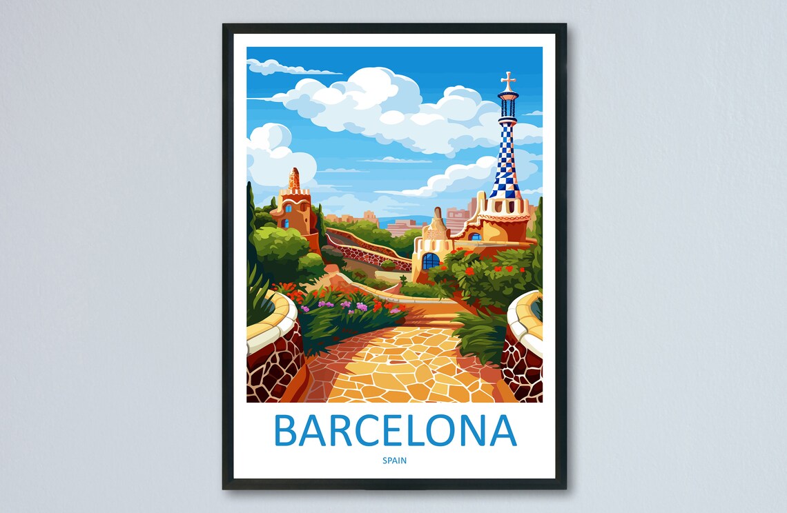 Barcelona Park Guell Whimsical Gaudi Mosaic Towers Spain Travel Poster