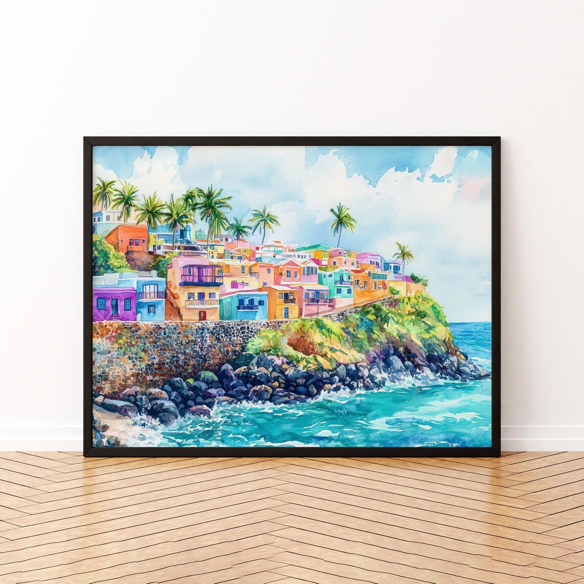 Puerto Rico Watercolor Travel Poster, Island Landscape