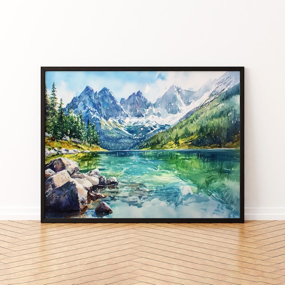 Snowy Mountain Peaks Reflected in a Clear Alpine Lake Watercolor Poster