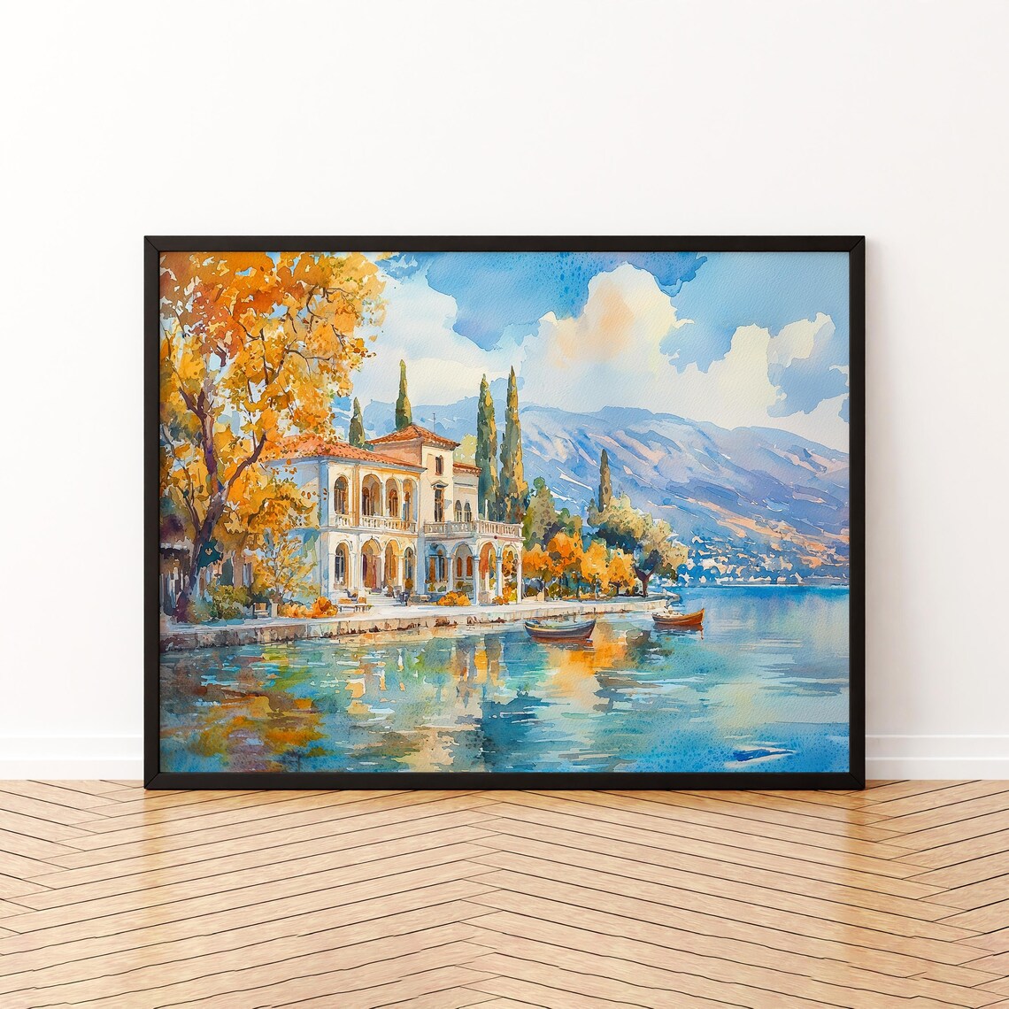 Ioannina Greece Watercolor Poster Lakefront Mansion With Cypress And Boats