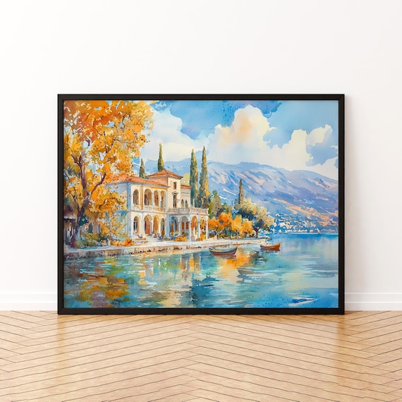 Ioannina Greece Watercolor Poster Lakefront Mansion With Cypress And Boats
