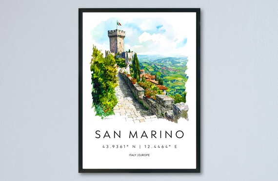 San Marino Historic Fortress Tower View Watercolor Travel Poster