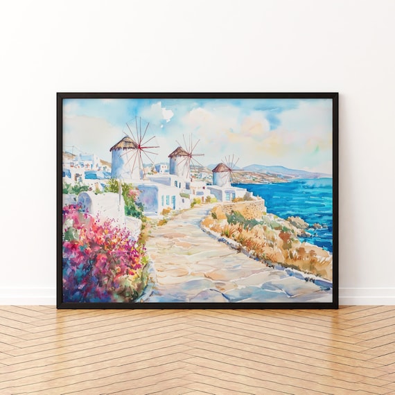 Mykonos Greece Windmills Watercolor Blue Aegean Island Travel Poster