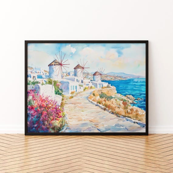 Mykonos Watercolor Poster Landscape Wall Art Hanging Home Dcor Gift Lovers Greece
