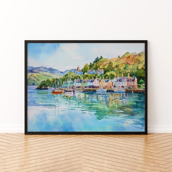Oban Scotland Coastal Town Colorful Boats Watercolor Harbor Poster