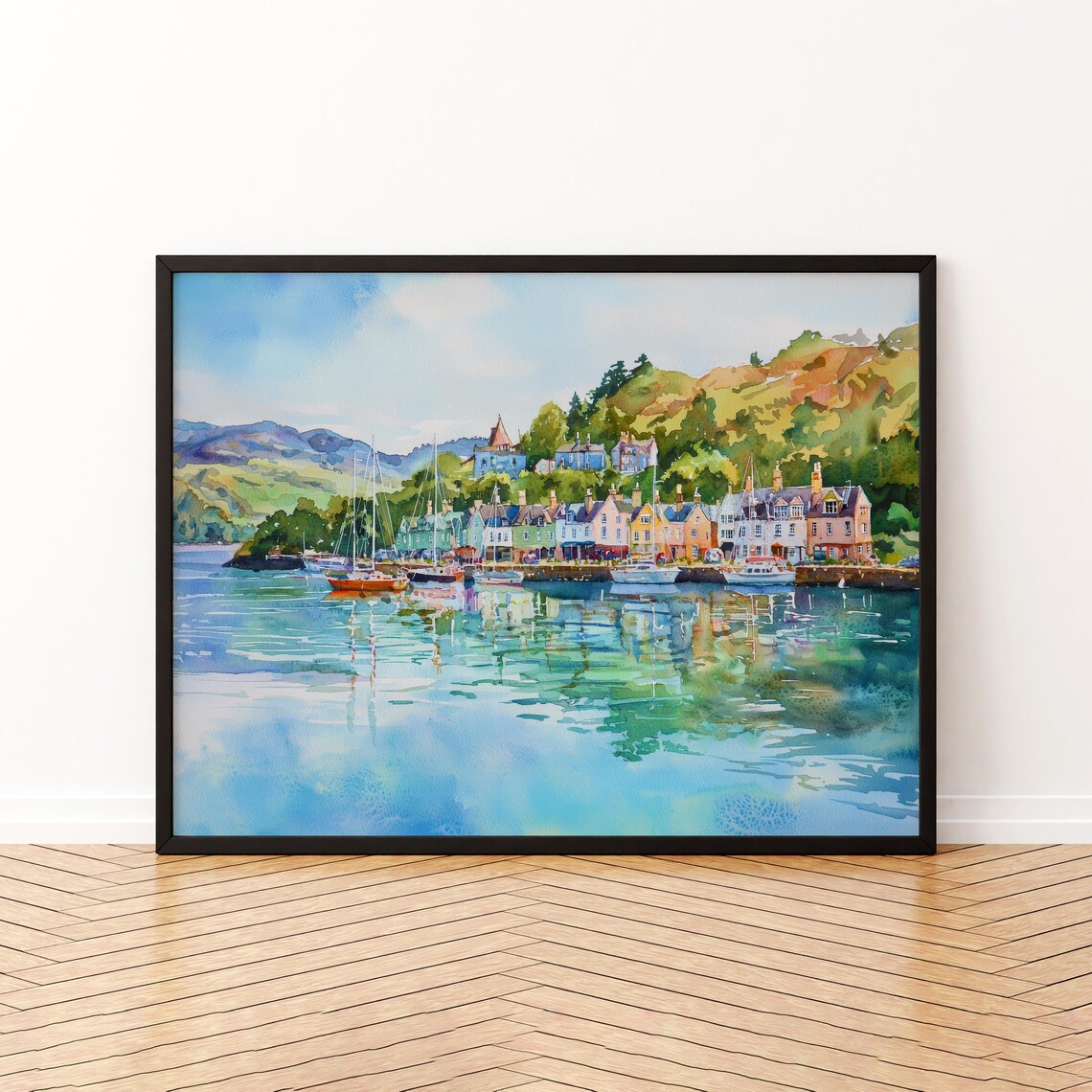Oban Scotland Coastal Town Colorful Boats Watercolor Harbor Poster