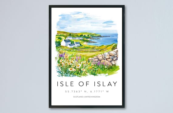 Isle Of Islay Coastal Village Scotland Watercolor Travel Poster