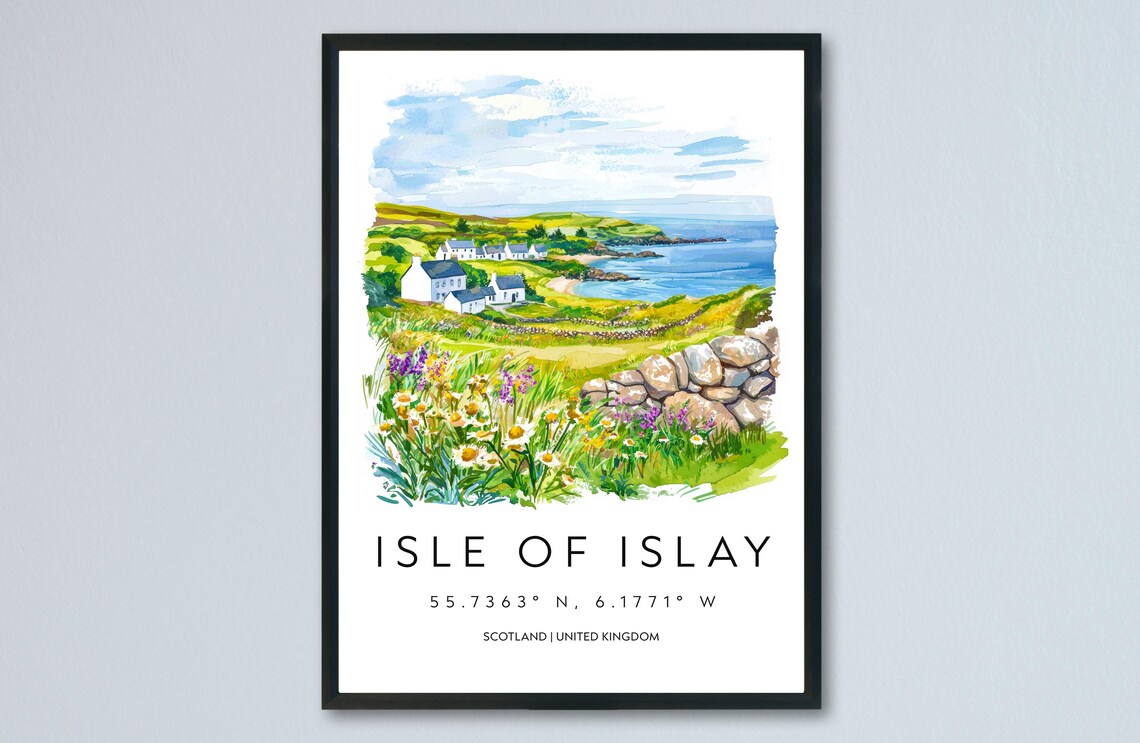 Isle Of Islay Coastal Village Scotland Watercolor Travel Poster