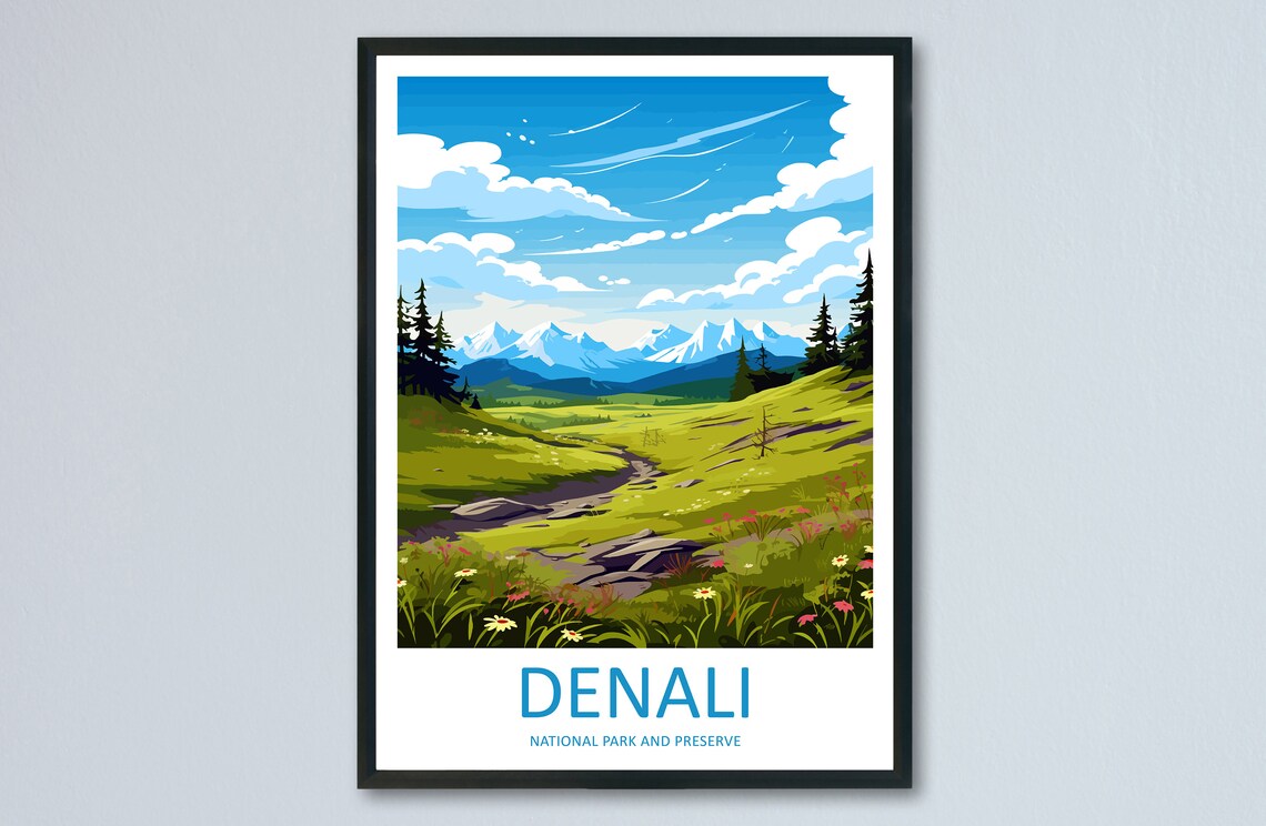 Denali National Park Alaska Wildflower Meadow Mountain Travel Poster