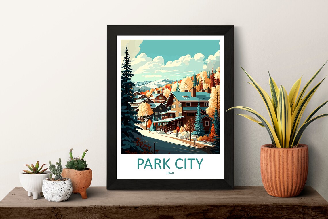 Park City Utah Timber Lodges Among Autumn and Snowy Pines Poster - Image 3
