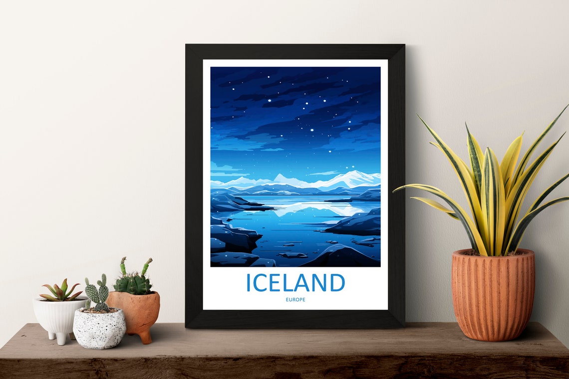 Iceland Starry Night Snowy Mountain Lake Europe Travel Poster - Image 3