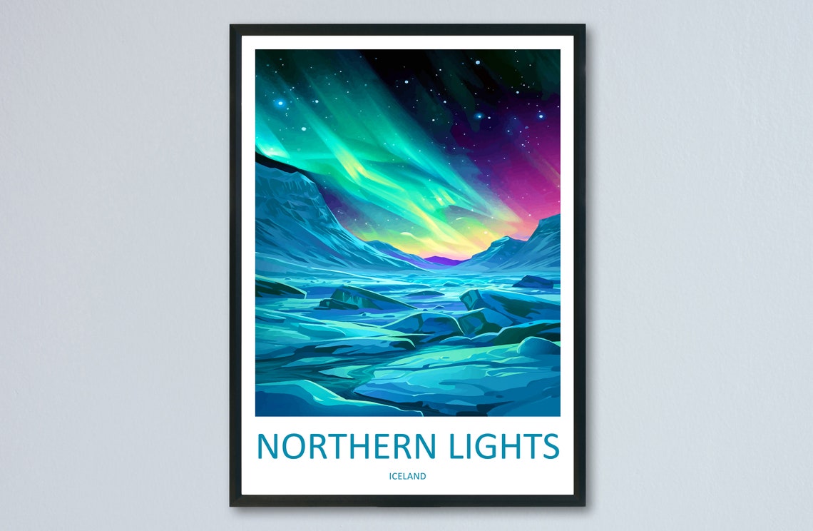Northern Lights Iceland Aurora Dancing Over Frozen Landscape Poster