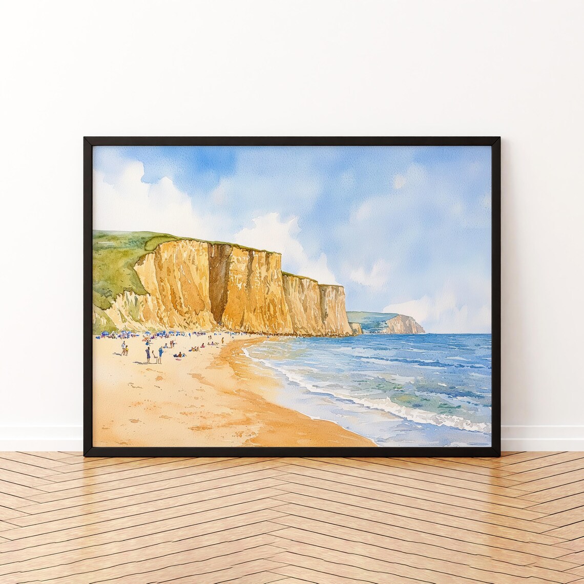 West Bay England Watercolor Travel Poster, Dorset Coast