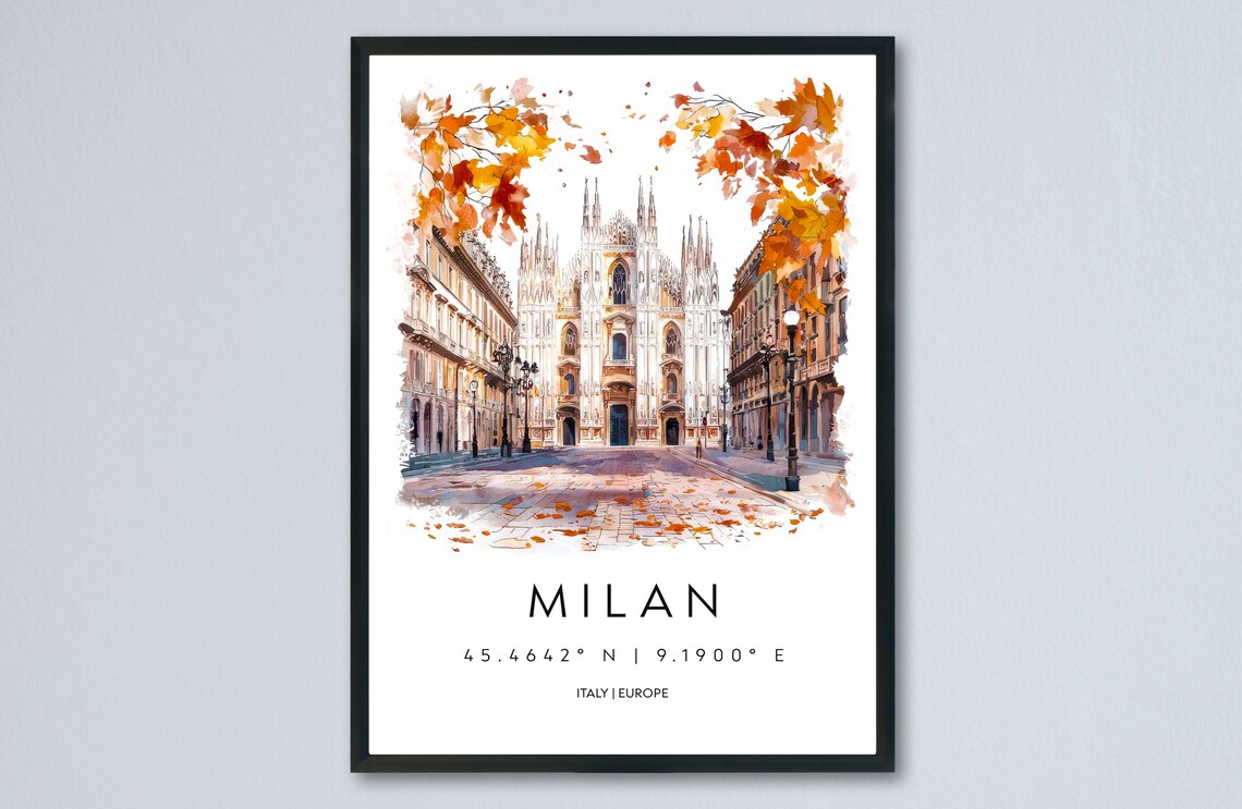 Milan Duomo Autumn Watercolor Travel Poster With Italy Coordinates