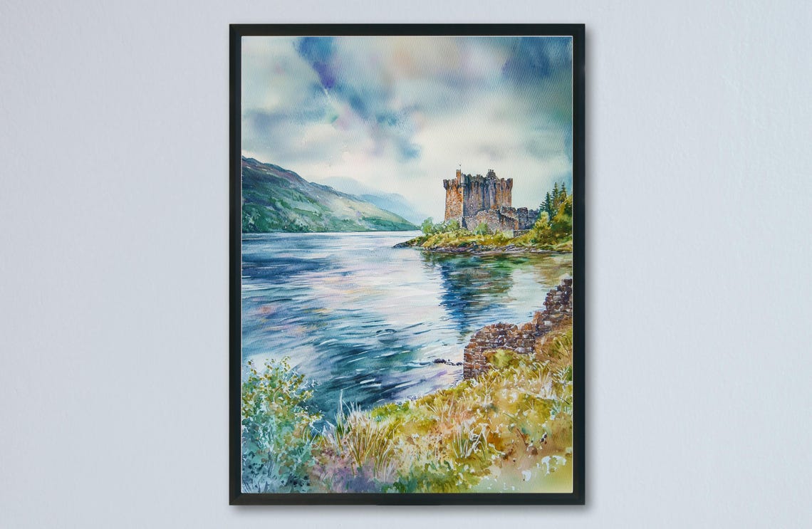 Loch Ness Castle Ruin Rocky Point Mountain Loch Watercolor Poster