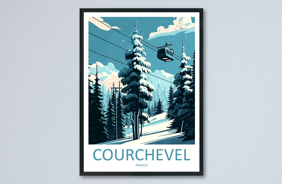 Courchevel France Gondola Over Snowy Pines Alpine Travel Poster