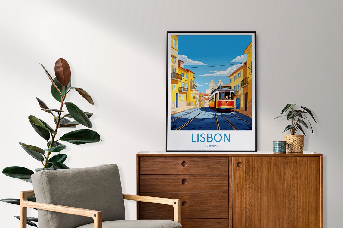 Lisbon Portugal Vintage Tram Narrow Street Hillside Travel Poster - Image 2