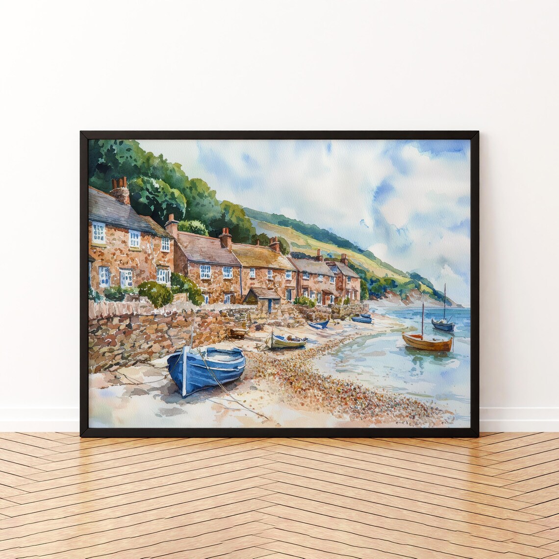 East Devon England Watercolor Poster Fishing Village Boats Harbor Decor