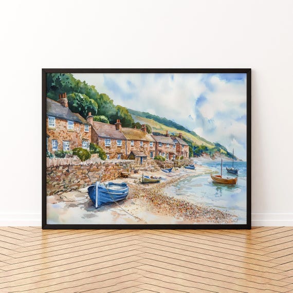 East Devon England Watercolor Poster Travel Print Coastal Landscape Painting Seaside Wall Art Uk Souvenir