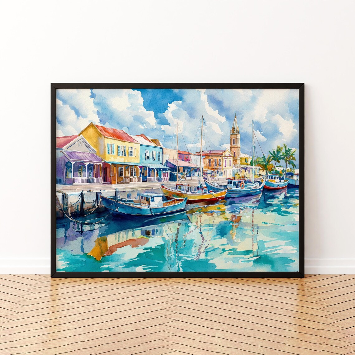 Barbados Caribbean Harbor Colorful Boats Watercolor Travel Poster