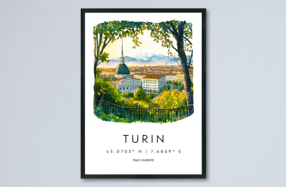 Turin Italy City Skyline Hillside View Watercolor Travel Poster