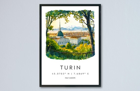 Turin Italy City Skyline Hillside View Watercolor Travel Poster