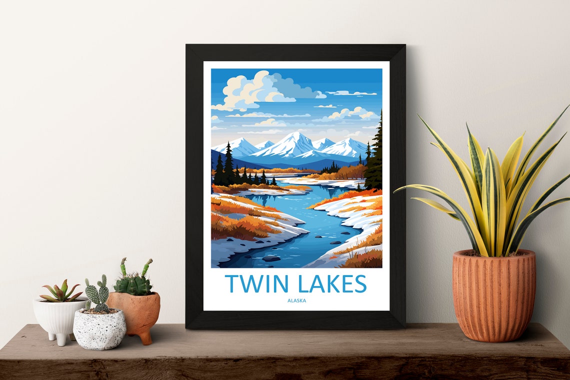 Twin Lakes Alaska Winter Snow Mountain River Landscape Travel Poster - Image 3