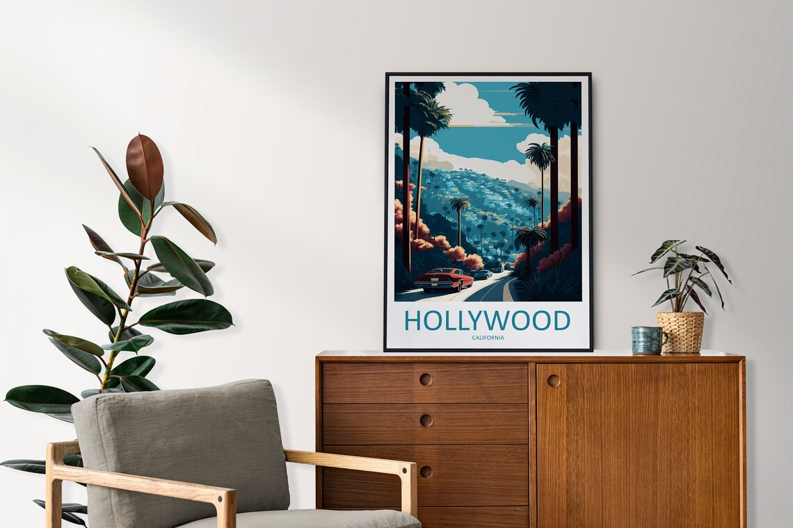 Hollywood California Palm Tree Hillside Street Retro Travel Poster - Image 2